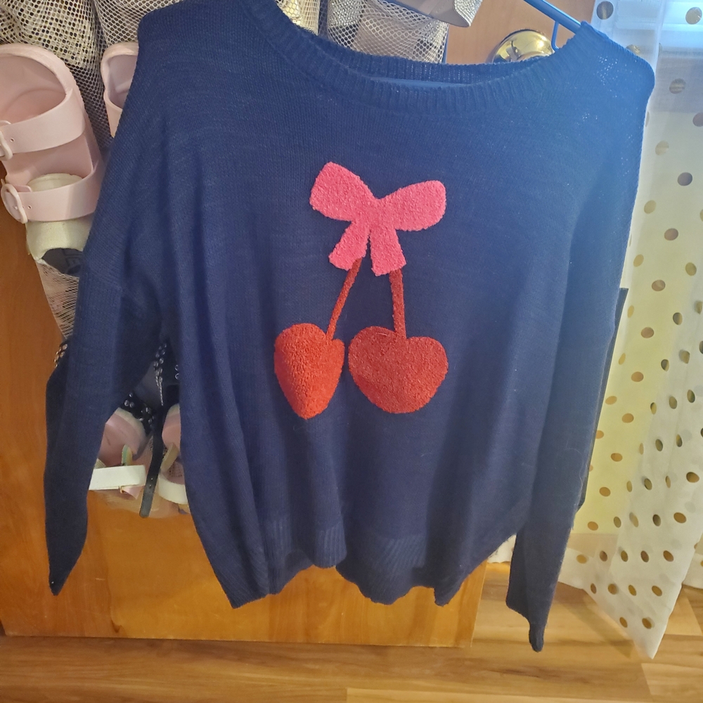 Simply Southern Navy Sweater with Pink Bow and Red Cherries
